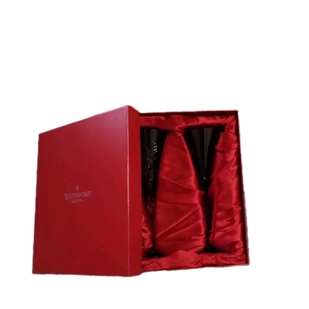 2 Waterford Ruby Red Snow Crystals Cut‎ to Clear Wine Champagne Flutes New